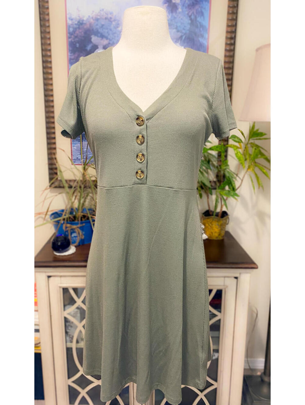 Pink RoseCasual Short Sleeve Button Front Dress in Sage Green Size L
